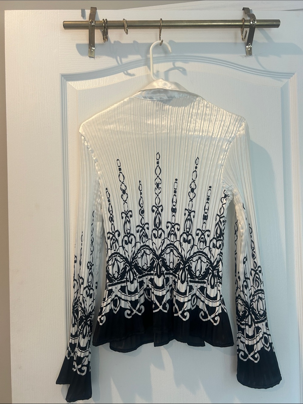 Vintage Sunny Leigh White and Black Printed pleated Button-Down Blouse xl - Picture 4 of 4